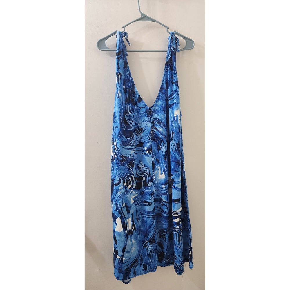 Peyton & Parker Blue Marble Linen Blend Tie Shoulder Midi Dress 1X